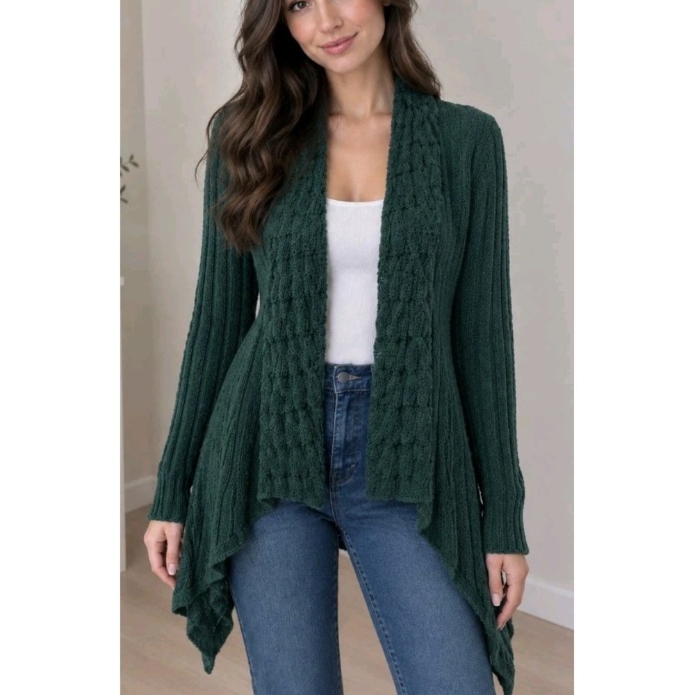 Bianca B. Green Wool Blend Cable Knit Open Front Cardigan Sweater Women Size M